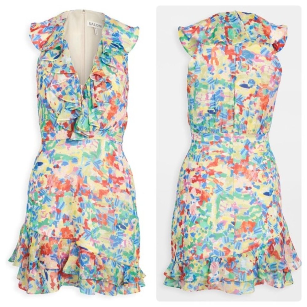 Saloni Cece V-Neck Sleeveless Floral Print Ruffled Cocktail Dress Mini Size 0